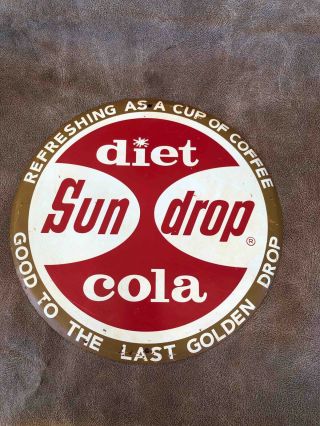 Old Diet Sun Drop Cola Painted Tin Round Advertising Bubble Button Soda Sign