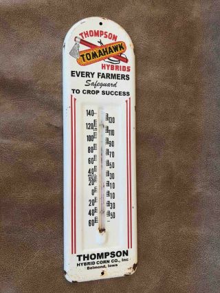 Old Thompson Tomahawk Hybrids Metal Advertising Thermometer Belmont Iowa