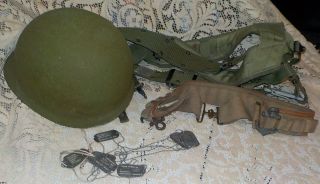 Military U.  S.  Army M1 Steel Helmet Rear Seam & Harness & Navy Belt & Dog Tags