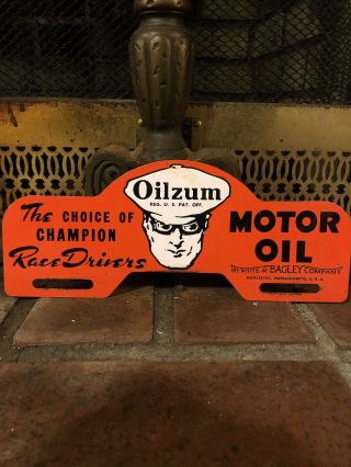 Vintage Oilzum Motor Oil Metal License Plate Topper Gas Oil Porcelain