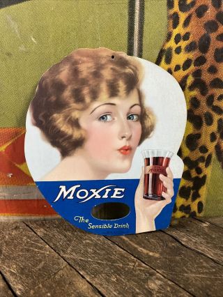 Vintage 1924 Drink Moxie Advertising Fan Sign Nos Soda Bottle Fountain Girl Rare