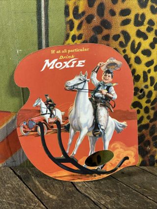 Vintage 1922 Drink Moxie Advertising Fan Sign Nos Rocking Horse Cowboy Hat Car