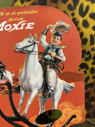 VINTAGE 1922 DRINK MOXIE ADVERTISING FAN SIGN NOS ROCKING HORSE COWBOY HAT CAR 2