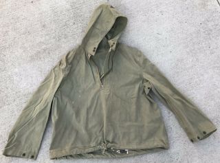 Ww2 Us Navy Foul Weather Pull Over Deck Jacket Zip Up Front With Hood Medium Sz