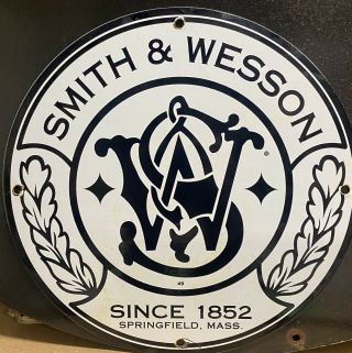 Vintage Porcelain Smith & Wesson Arms Ammo Sign 12 Inch Garage Sign