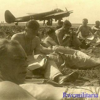 Best Luftwaffe Airmen Resting On Airfield By Parked Ju - 88 Bomber
