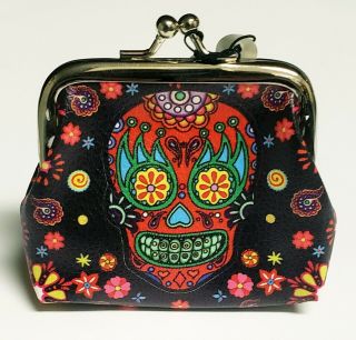 Sugar Candy Skull Day Of The Dead 3.  75 " Black Coin Purse Floral Skull