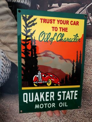 Vintage Old Quaker State Motor Oil Heavy Metal Porcelain Gas Station Fuel Sign