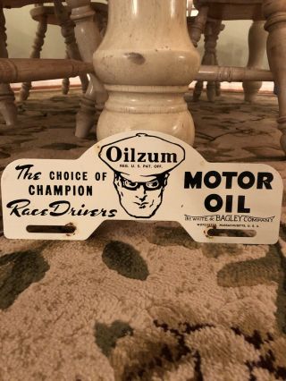 Vintage Oilzum Motor Oil Metal License Plate Topper Gas Oil Porcelain Can Lube