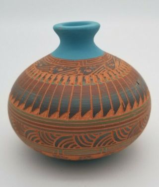 Native American Navajo Pottery Etched Hand Painted Singed By A.  J.  3 - 1/4 "