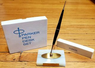 Parker Pen Desk Set Vintage 1960 Onyx Base 14k Gold Nib Made In Usa Authentic