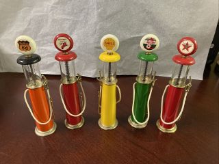 Vintage Set Of 5 Toy Gas Pumps 7.  5” Mini Miniature Texaco,  Shell,  Phillips 66