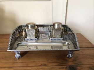 Vtg International Silver Plate Double Inkwell Writing Stand With Pen Holder 693g