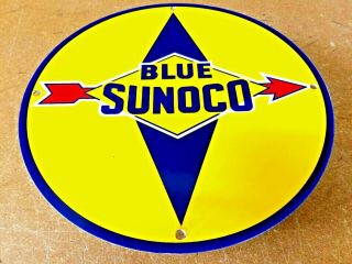 Vintage Blue Sunoco Gasoline Sign 12 " Porcelain Metal Advertising Gas Pump Plate