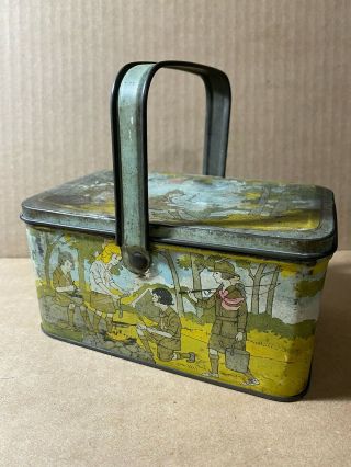 Vintage 1920s Tin Litho Lunch Box Girls Camping Fishing Campfire Medical