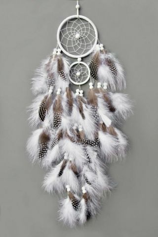 Handmade Native American Indian Dream Catcher - White - Feathers - Wood Beads - Two Hoop