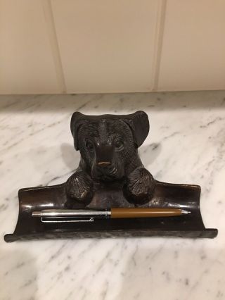 Awesome Vintage Dog Labrador Lab Bronze Brass Pen Pencil Holder Desk Tray