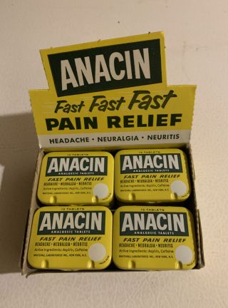 Vintage 1960s Anacin Aspirin Case Of (12) Tins Nos Display
