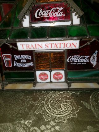 The Coca Cola Stained Glass TRAIN STATION Franklin 1997 Lighted House 2