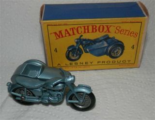 1960s.  Matchbox Lesney.  4 Triumph Motorcycle & Sidecar.