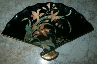 Vintage Black & Gold Ceramic Floral Orchids Decorative Japanese Fan Plate