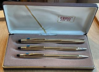 Cross Usa 10kt Gold Filled Ballpoint,  Rollerball And Pencil Set