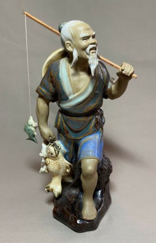 Shiwan Mudman Mud Man Chinese Figurine Man Carrying Fish With Pole 8 1/4 "