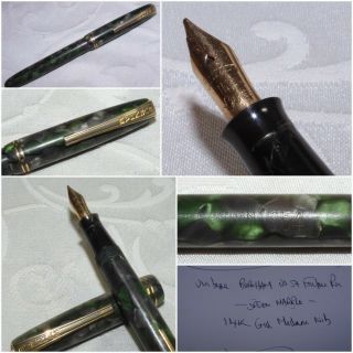 Vintage Burnham No 54 Fountain Pen - Green Marble - 14k Gold Medium Nib