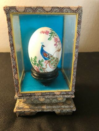 Vintage Hand Painted Chinese Egg With Peacock On A Branch In Display Case