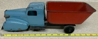 1930s Wyandotte Pressed Steel Dump Truck - Blue/red - Wooden Wheels - Windup