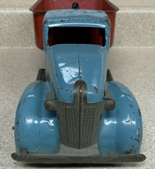 1930s Wyandotte Pressed Steel Dump Truck - Blue/Red - Wooden wheels - windup 2