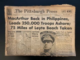 Vintage 1944 Wwii The Pittsburgh Press " Macarthur Back In Philippines "