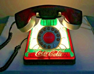 Coca Cola Coke Stained Glass Tiffany Style Light Up Real Telephone