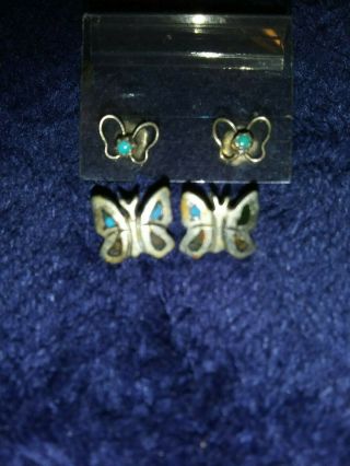2 Vintage Native American Navajo Sterling Silver & Turquoise Butterfly Earrings