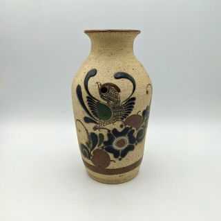 Vintage Mexican Folk Art Pottery Floral Bird Vase Marked Mexico 8 1/4 "
