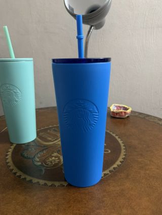 Starbucks Matte Blue Stainless Steel Tumbler Cold Cup 16 Oz Venti Tumbler Straw