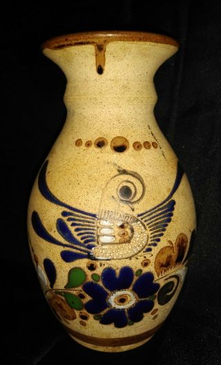 Vintage Mexican Tonala Folk Art Pottery Vase Bird And Flowers