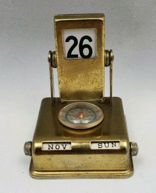 Vintage Brass Desktop Flip Perpetual Calendar With Thermometer