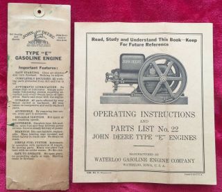 1925 John Deere Type E Engines - Operating Instructions & Parts List No.  22