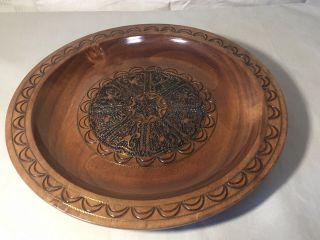 Hand - Decorated Polish Wooden Plate,  9.  75 " Diameter.  Some Metal Inlay.