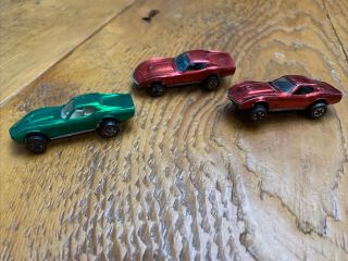 Three 1968 Custom Corvette Redline Hot Wheels Huge Attic Find Green Red