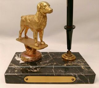 Vintage Marble Table Top Fountain Pen Holder Brass Dog & Brass Engravable Plate