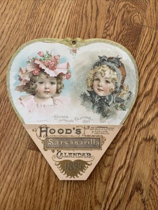 1895 Hood’s Sarsaparilla Calendar Die Cut Heart Victorian Old Stock