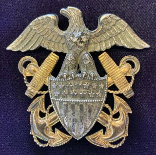 Ww2 Us Navy Officer Full Size Visor Hat Eagle Badge Viking Sterling/gold Fill