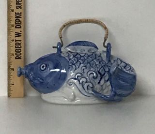 Hand Painted Ceramic Tea Pot Blue White Fish Wicker Handle With Lid Decoration