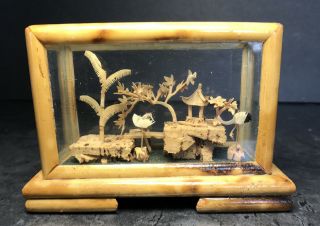 Vintage Asian Miniature Cork Art In Wood/glass Showcase