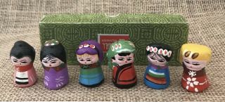 Japanese Kokeshi Hand Painted Clay Dolls Box Of 6 Miniature 1.  5” Vintage
