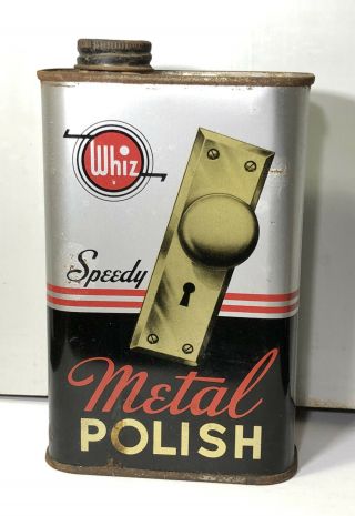 Vtg Whiz Speedy Metal Polish 1 Pint Oil Can Tin Graphic Tin Rm Hollingshead Co.