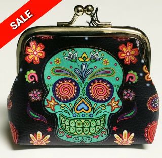 Sugar Candy Skull Day Of The Dead 3.  75 " Coin Purse Black Floral Skull