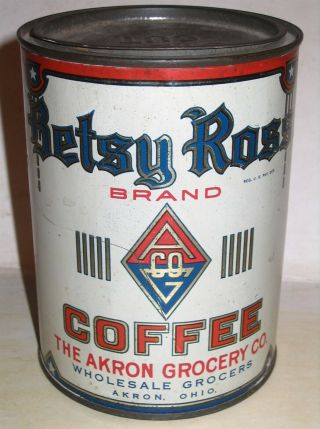 Betsy Ross Brand 1lb Early Tin Litho Coffee Tin Akron Grocery Co Akron Oh